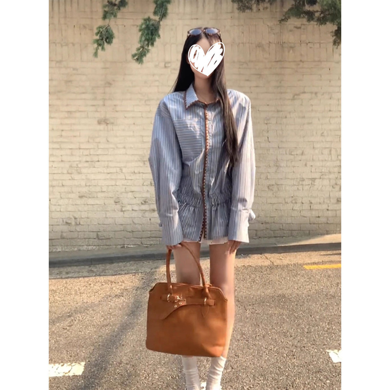 法式撞色条纹收腰长袖衬衫女装2025秋季新款休闲显瘦翻领开衫外套|undefined