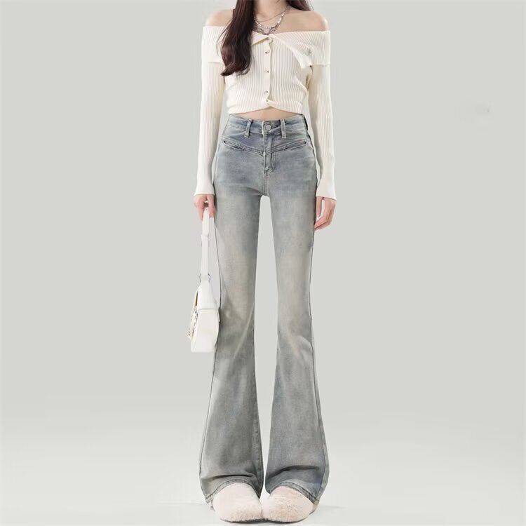 ins潮流无品牌流行新款气质蓝色复古微喇牛仔裤女2025夏季文艺|undefined