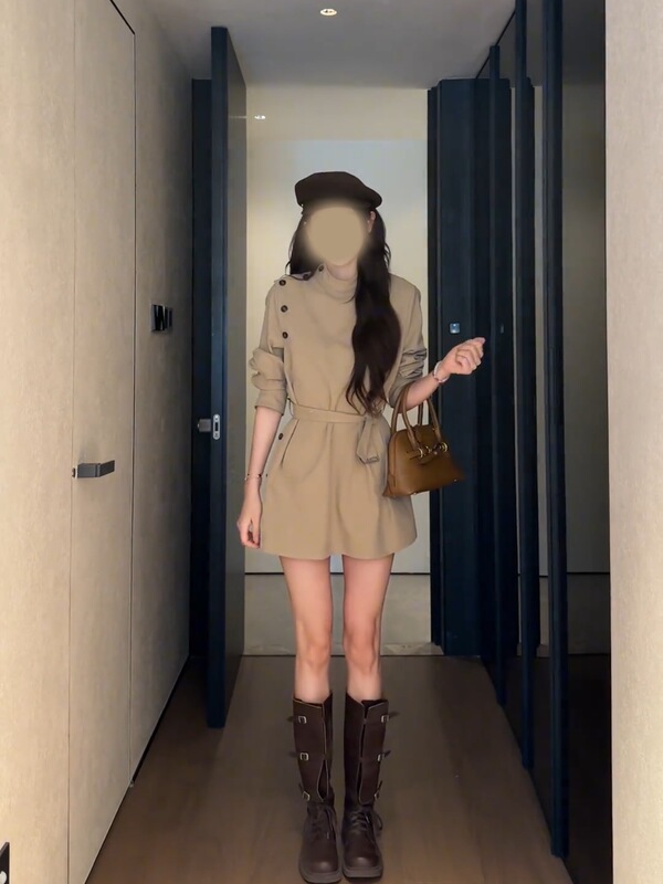韩系简约气质不规则立领风衣外套女秋季宽松显瘦百搭中长款连衣裙|undefined