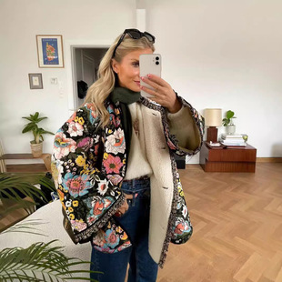 European and American Cross-border 2023 New Autumn and Winter Printed Cashmere Cotton Coat Comfortable Casual Trumpet Sleeve Loose Women's Cotton Coat