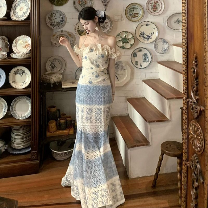 夏季度假风气质抹胸边设计感上衣女时尚扎染小众半身裙两件套|undefined