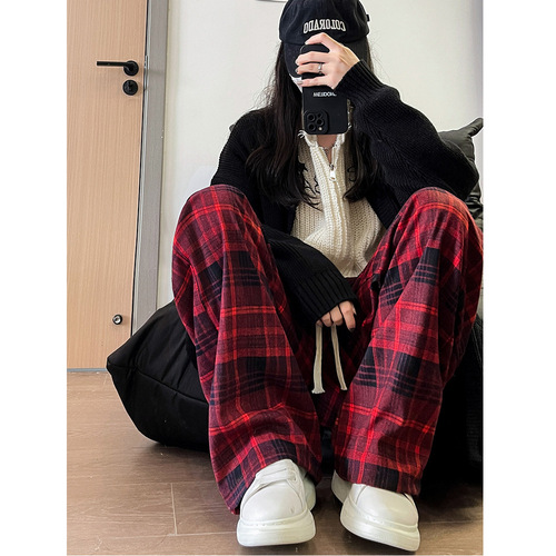 Autumn/Winter American Checkered Leggings for Girls, Flowy Casual Straight Leg, Fleece Lined, Thick Wide Leg Pants, Relaxed Style Fashion Long Pants