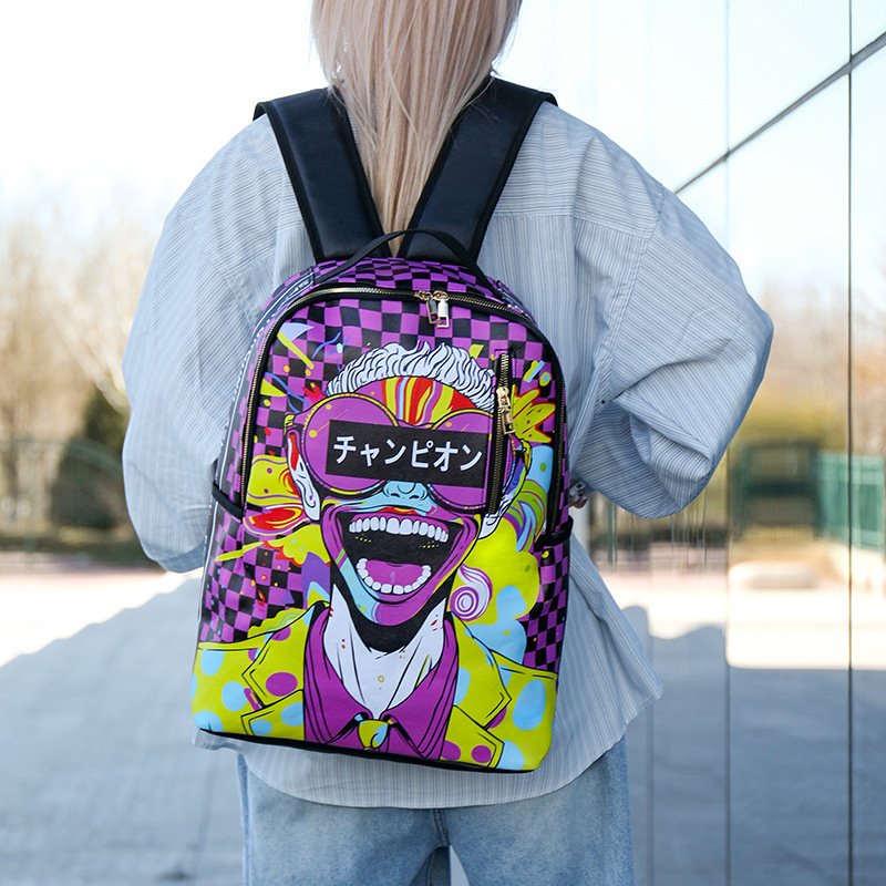 クロスボーダー迷彩カラーブロック学生スクールバッグ大容量漫画アニメバックパックチェック柄プリント新しいバックパック|undefined
