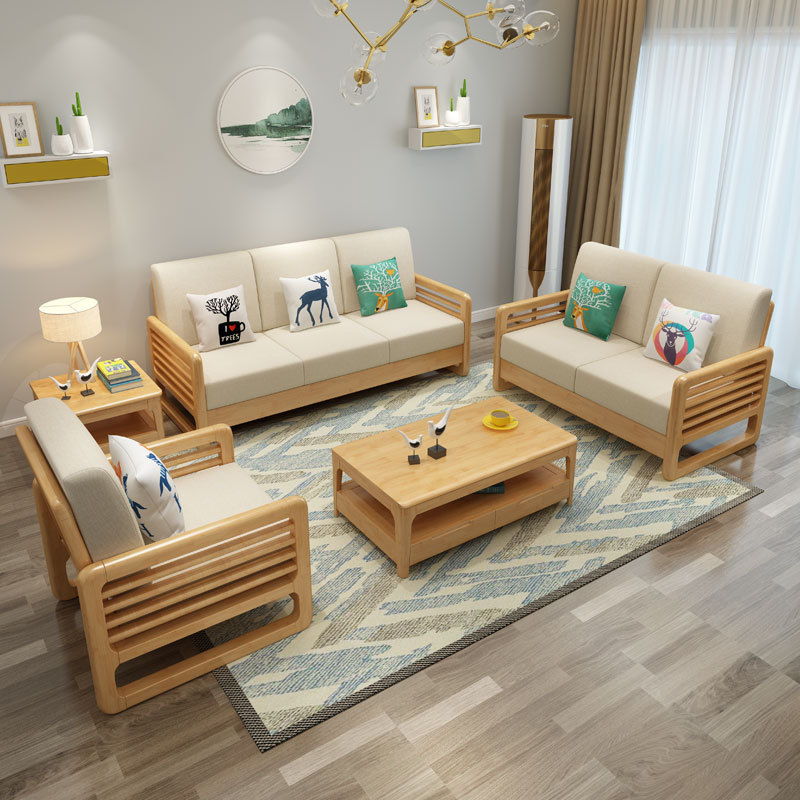 Nórdico sofá de madera maciza combinación simple moderno pequeño apartamento sala de estar de tres asientos sofá de tela de estilo de registro económico