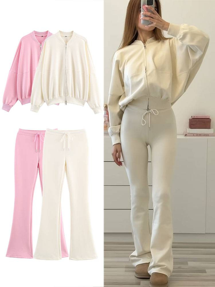 Women's Casual Bomber Jacket And Flared Pants Sportswear Set_voghion.com