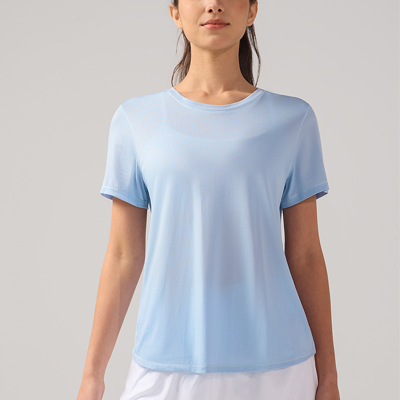Verano fresco de mangas cortas mujeres transpirables ropa de yoga de espalda gorra de cuello redondo camiseta de correr de secado rápido camiseta de deporte agujero