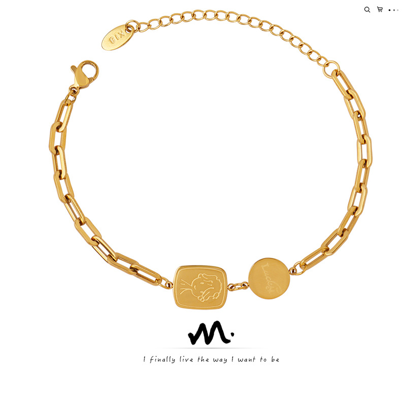 Niche Joker Cute Little Boy Pendant Handmade Chain Couple Titanium Steel Bracelet Plated with 18k Gold Jewelry E097