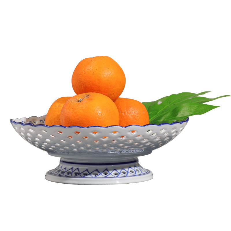 景德镇陶瓷器手绘青花瓷镂空新中式古典水果盘家用大号创意零食盘