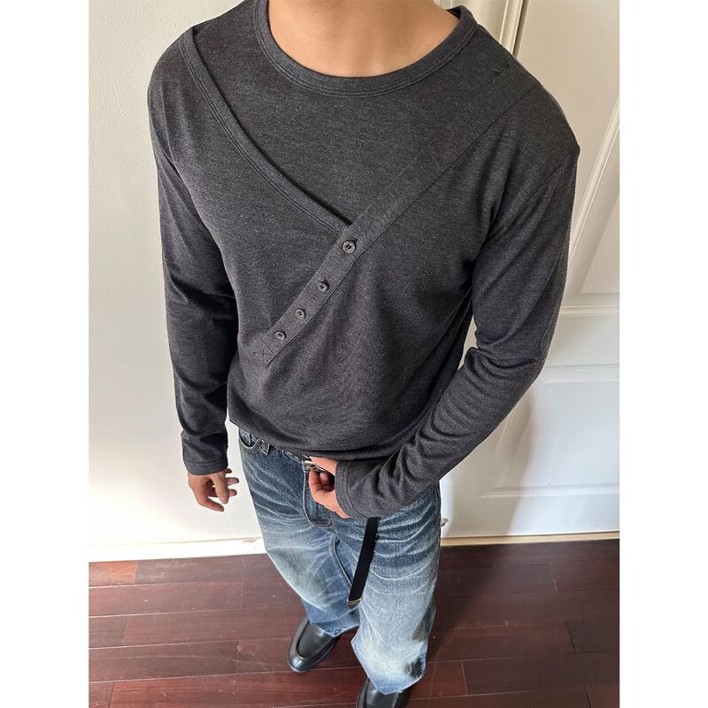 Eme Yishengyi Merino Wool Blended Diagonal-Breasted Design Long-Sleeved T-Shirt for Men and Women Relaxed Knitwear