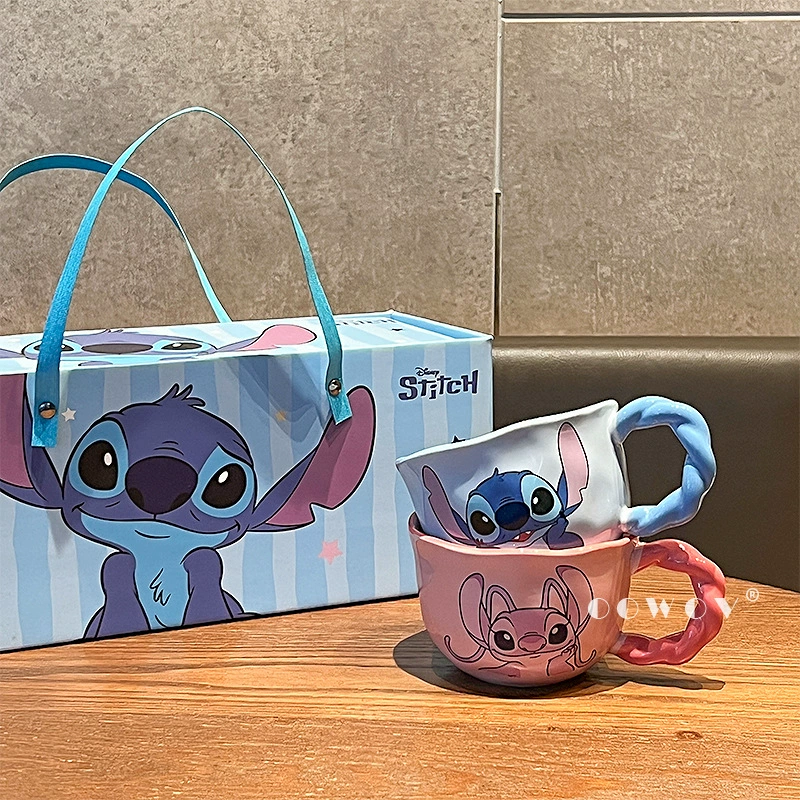 Керамическая чайная чашка (Disney Stitch) набор 380 мл, подарочная коробка с рисунком Стич и Энджел