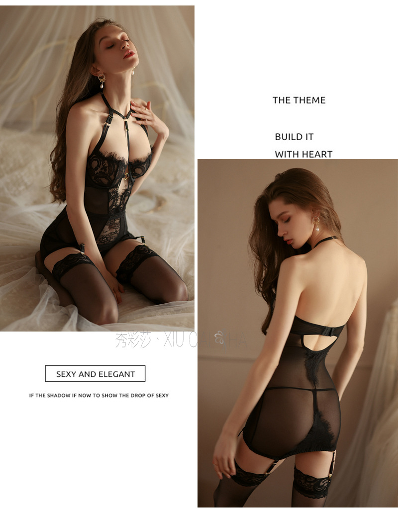Plus-size Lace Babydoll Set with Garters, Thong and Stockings, Black — detail image 11