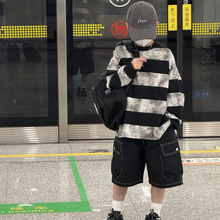 宝多童装儿童春装条纹T恤男童扎染长袖打底2025新款100-170上衣潮