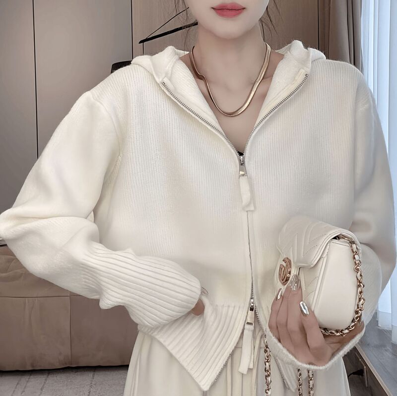 Lazy Style Sweater Coat Loose Knitted Cardigan Women's Autumn and Winter Milk fufu High Neck Zipper Design Niche Top