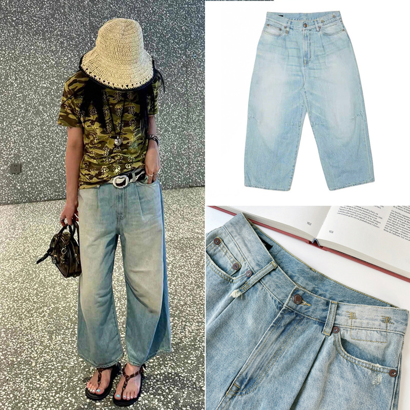 House Spring/Summer Vintage Light-Colored Washed Distressed Craftsmanship Three-Dimensional Cut Wide-Leg Cropped Jeans with Belt Loop