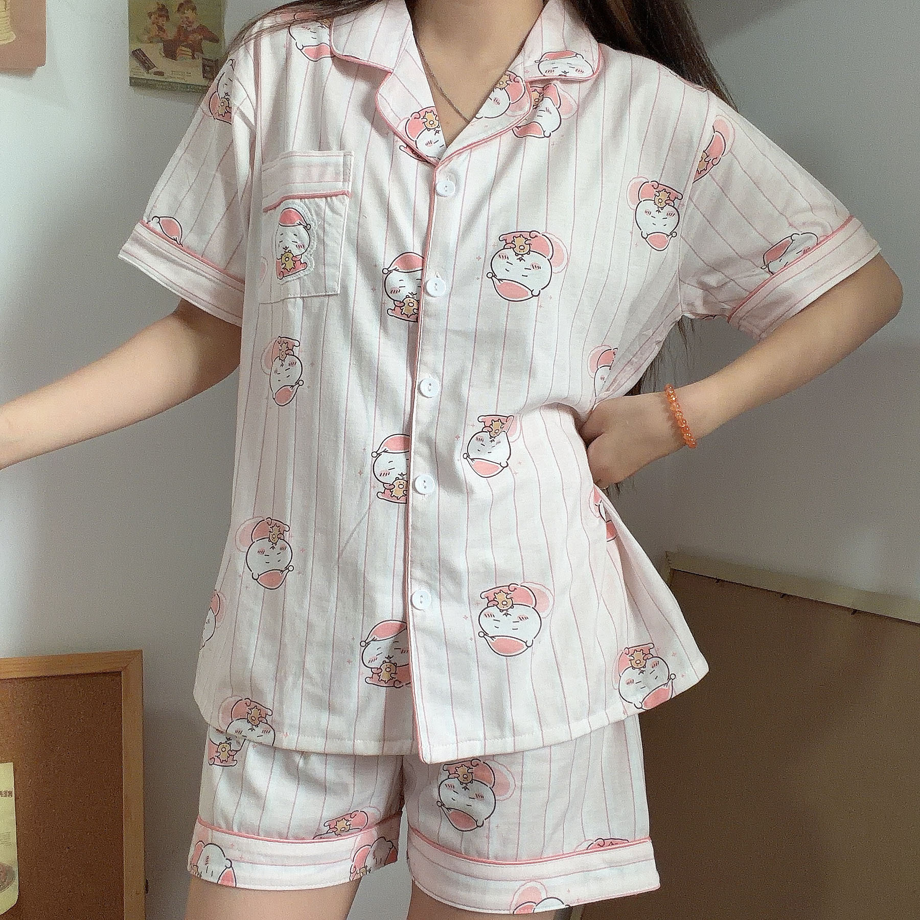 可爱吉yi睡衣女夏短袖短裤纯棉薄款卡通粉条纹家居服