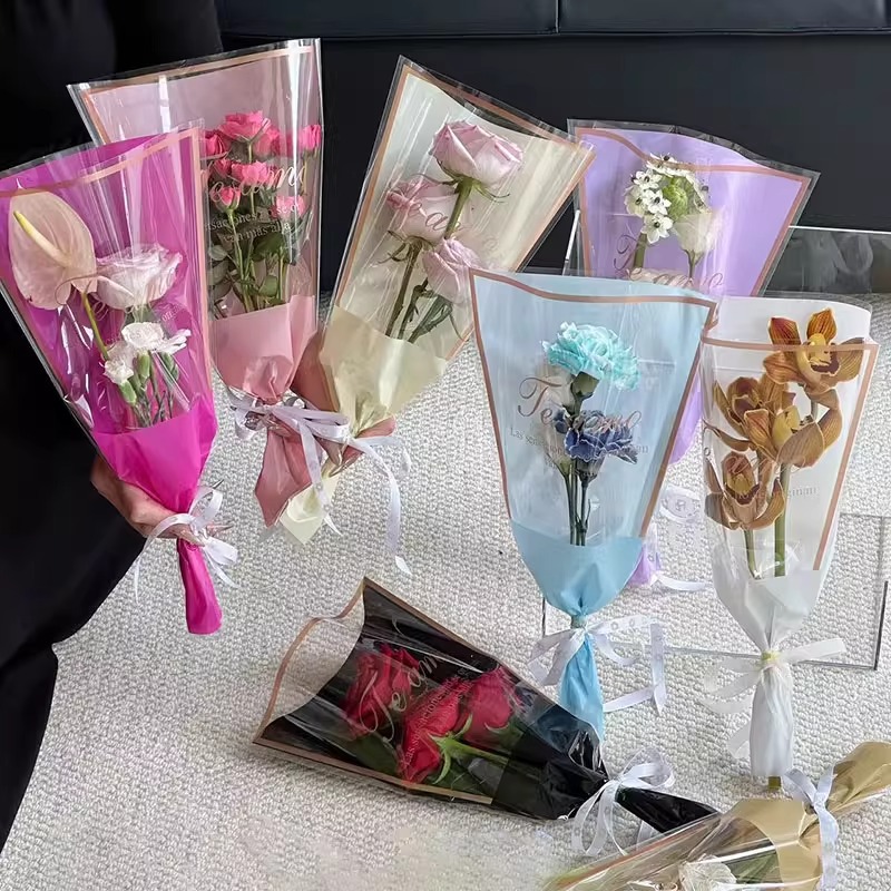 玫瑰花单支包装袋全套透明金边简框鲜花玫瑰花套袋多支袋花艺材料