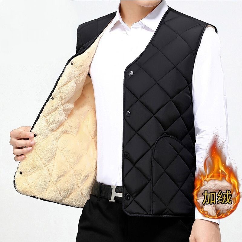 Winter New Middle-aged and Elderly Men's Thickened Down Cotton Casual Vest Dad's Collarless fleece-lined Vest for Internal and External Wear