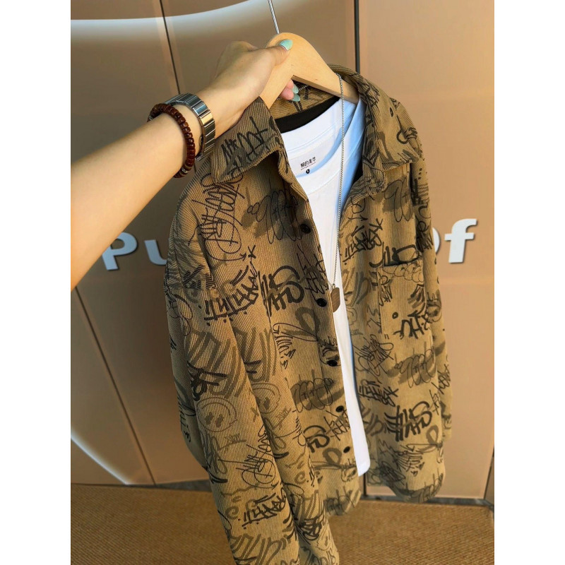 American retro graffiti print long-sleeve turn-down collar shirt, autumn men's Korean style casual design top jacket American retro graffiti print long-sleeve turn-down collar shirt, autumn men's Korean style casual design top jacket
