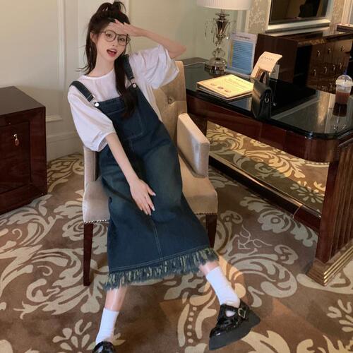Two-Piece Sweet French Tea Party Dress with Denim Fringe Belts for Children and Students + Bubbling Sleeve Shirt