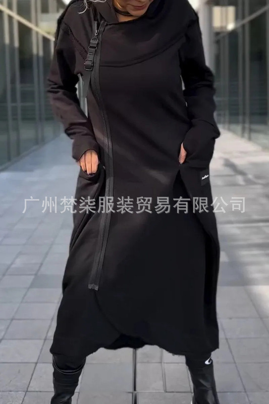 2025秋冬欧美跨境亚马逊百搭纯色长袖卫衣连帽拉链休闲长款连衣裙|undefined