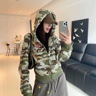 复古迷彩花灰刺绣高街连帽开衫卫衣女秋季爵士舞Kpop辣妹跳舞上衣