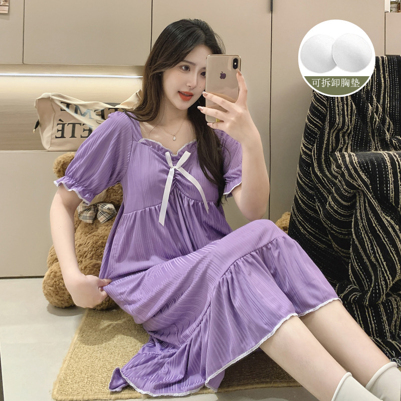 Fábrica directa de verano vestido de pijama de mujer sobre rodillas dopamina de color sólido plegado pozo cómodo vestido de hogar vestido largo cojín de pecho