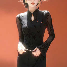 黑色锦安'新中式针织改良旗袍女早秋蕾丝拼接长袖修身连衣裙长款