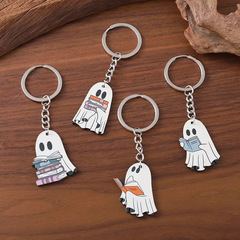 レトロなハロウィーンのかわいいキーホルダー、丸いリングバックルが付いた漫画の木製ペンダント
