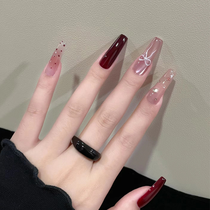 Handmade French Red and Pink Gradient Bow Diamond Long Ladder Nail Patch Sweet and Cool Style Manicure Nail Patch