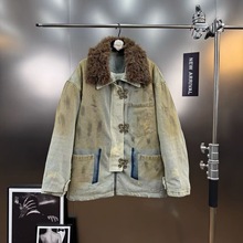 秋冬季休闲做旧中长款外套蝴蝶勾大毛领脏脏兮牛仔棉服上衣女秋冬