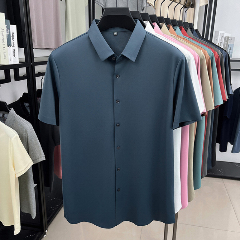 Camisa de manga corta para hombre 2025 verano blusa delgada media manga casual de seda de hielo sin costuras para hombre camisa de lino de seda de morera