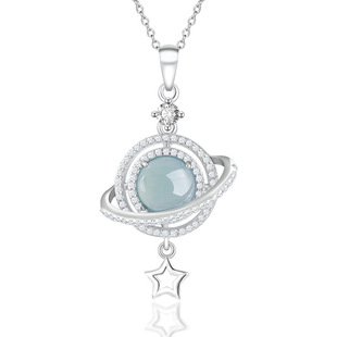 S925 Silver Set Natural A Goods Jade Blue Water Dream Planet Pendant Ice Jade Pendant Women's Fashion Necklace