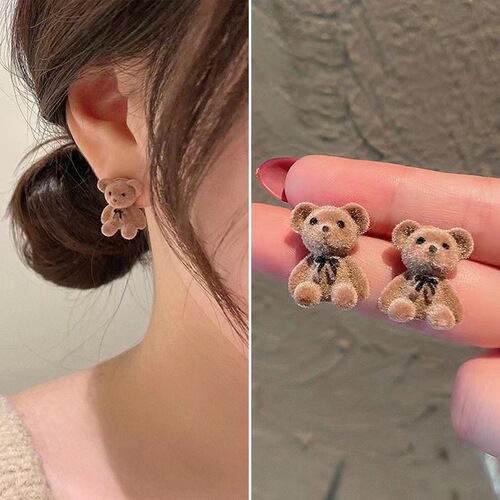 925 Silver Needle Korean Flocked Cute Bear Earrings Temperament Simple  Trendy Girly Heart Student Earrings Earrings