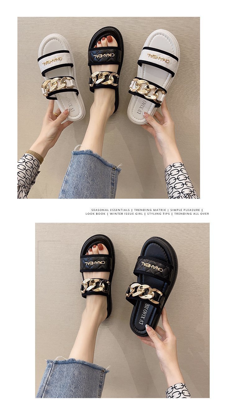 Damen-Oberbekleidung, Keilabsätze, Influencer-Intrend-Sandalen, 2021 neuer Mode-Tanga mit Metallkette und dicker Sohle_voghion.com