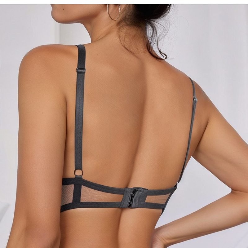 Europa y los Estados Unidos al por mayor malla transparente ropa interior de mujer extranjera delgada encaje bra sin anillo de acero bra de copa triangular