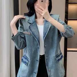 美式复古西装领垫肩牛仔外套女中长款早春秋新款开衫工装夹克上衣
