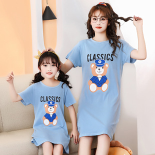 22 Summer Thin Parent-Child Dress Mother and Daughter Nightdress Home Clothes Small and Medium Girl Baby Cartoon Round Neck Short Sleeve Dress