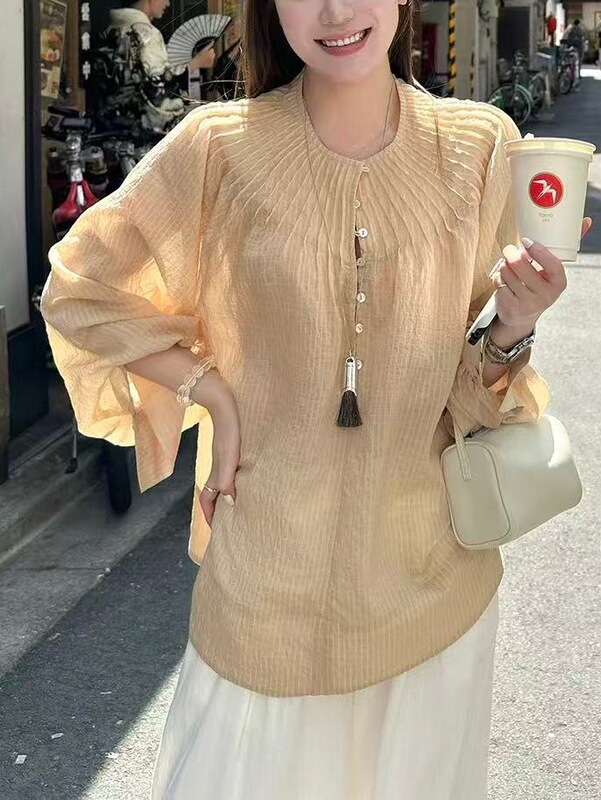 蝶宝嘻 柔雾杏 圆领风琴衬衫外套肌理感宽松长袖上衣罩衫衬衣女秋|undefined