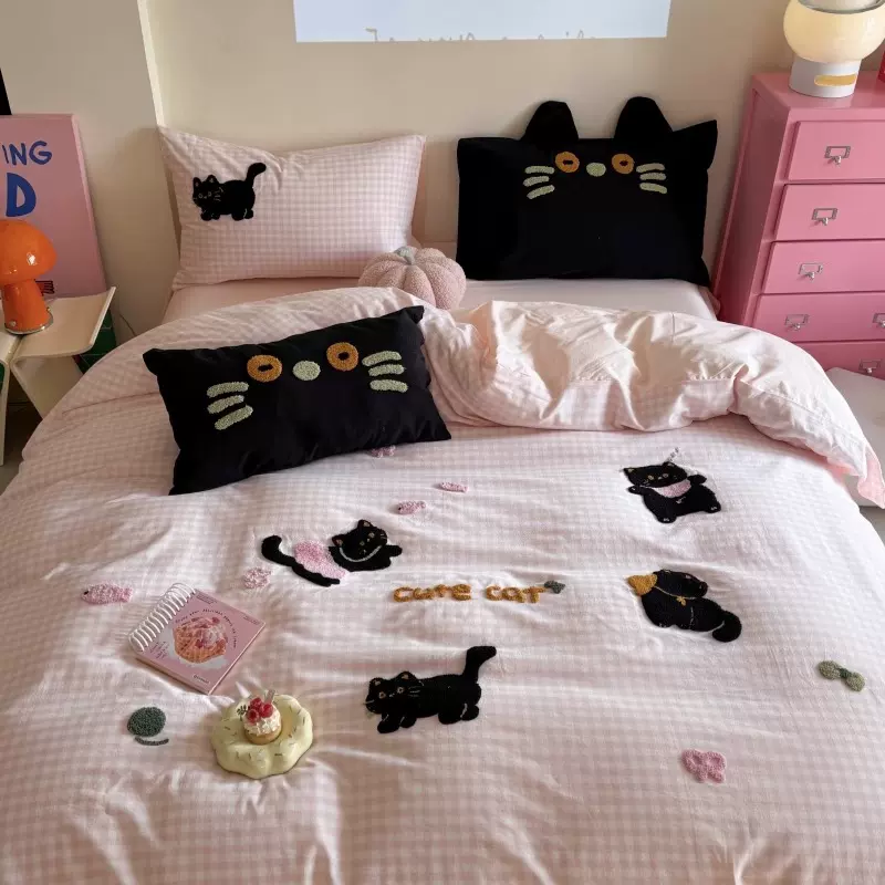ins少女心猫咪卡通毛巾绣纯棉水洗棉四件套全棉被套床单床上用品