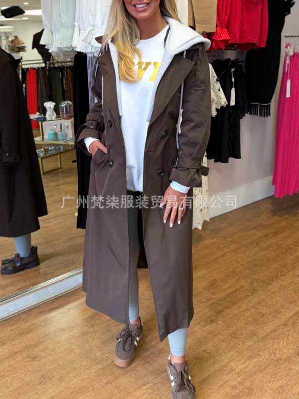 现货欧美2025秋冬亚马逊跨境新款连帽翻领假两件休闲长款风衣外套|undefined