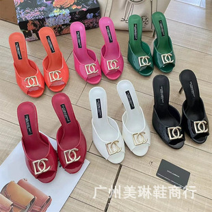 European and American DG Stiletto Heel Fish Mouth Slippers Women's Metal Buckle Patent Leather Outer Wear Fashion Round-toe High Heels Summer Slides