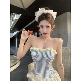 新款立体花蓝白条抹胸背心夏季辣妹紧身显瘦上衣