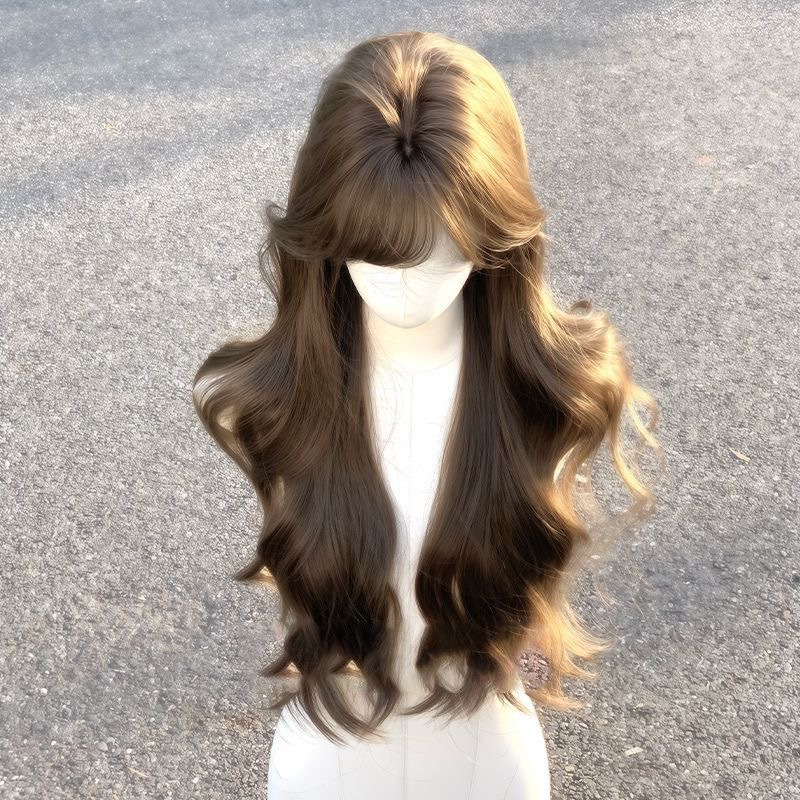 【إشارة الحب】شعر مستعار كوني للنساء، غرة، طراز كوري طبيعي حلو، شعر مموج طويل للرأس بالكامل.