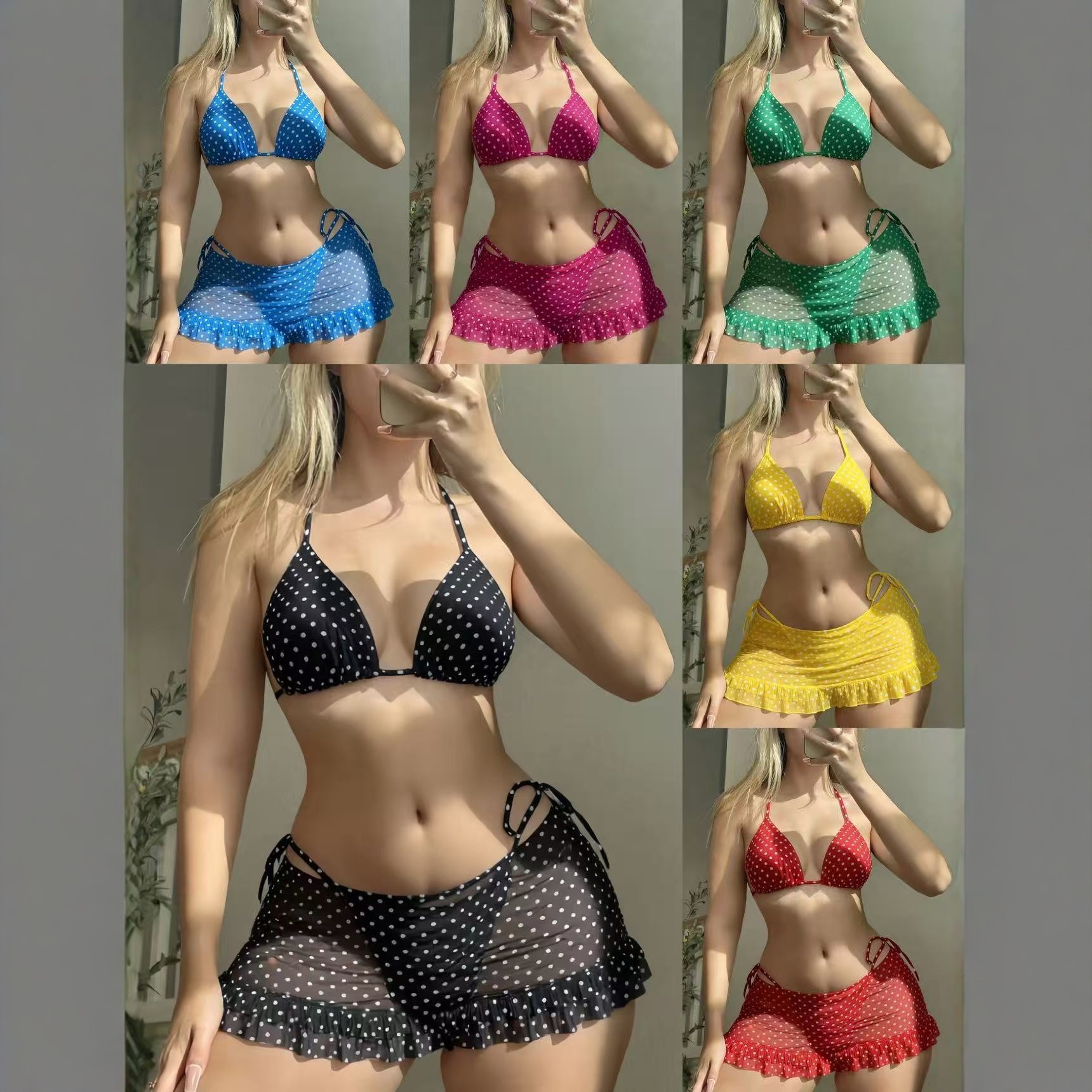 New Cross-Border European and American Women's Summer Beach Polka Dot Triangle Cup Sexy Lace-Up Three-Piece Bikini Set