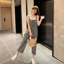 港风薄款阔腿背带裤女2025年韩版夏季格子新款百搭直筒休闲裤套装