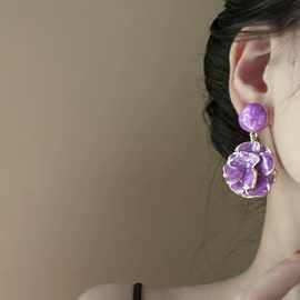 迷雾玫瑰~精致法式复古滴釉紫色花朵耳环夸张 高级感小众气质度假