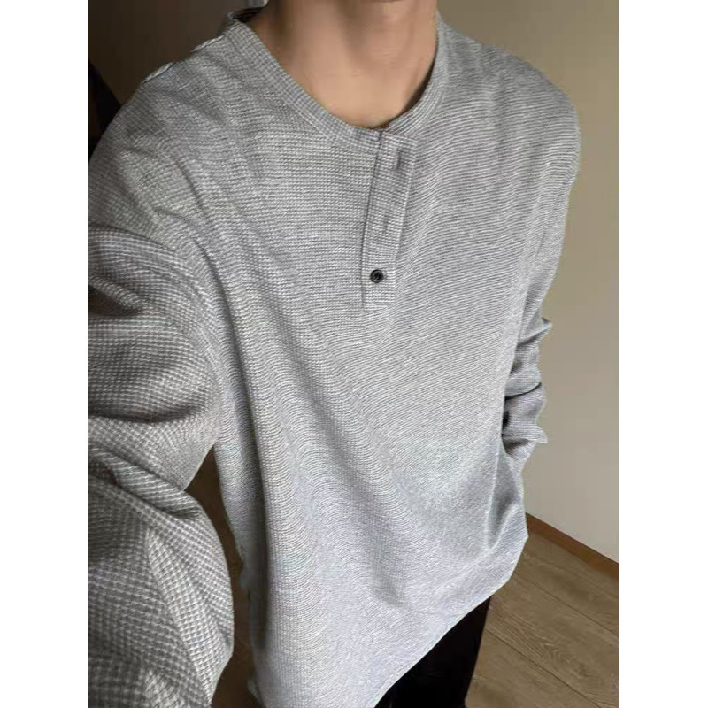light gray Waffle Long-sleeved T-shirt Men's Spring and Autumn American Retro Henry Collar T-shirt Loose Casual Base Shirt