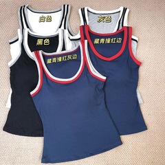 螺纹棉U领撞色拼接背心女带胸垫遮副乳内搭外穿修身无袖打底上衣