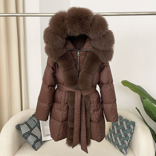 2025 New Winter Waist down Jacket Slim Fit Temperament Belt Fox Fur Collar Hooded Mid-Length Jacket