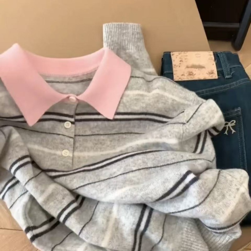 韩版条纹撞色翻领半纽扣套头毛衣女装秋季新款时尚显瘦针织衫上衣|undefined
